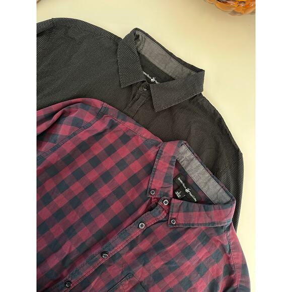 Set/2 Beverly Hills Polo Club L button shirts collared plaid black longsleeve - Picture 4 of 11